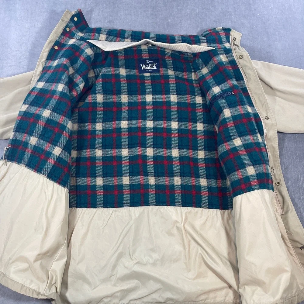 Woolrich‎ Men's XL Beige Barn Chore Coat Plaid Flannel Lined Insulated Jacket
